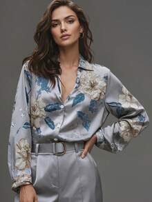 Elegant Women's Floral & Leaf Print Button-Down Shirt, Suitable For Vacation And All Seasons Spring - Silver - View 2