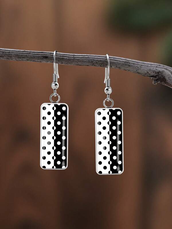 1 Pair Cartoon Minimalist Black & White Polka Dot Pattern With 316 Stainless Steel Long Bar Earrings, Suitable For Women's Daily Wear