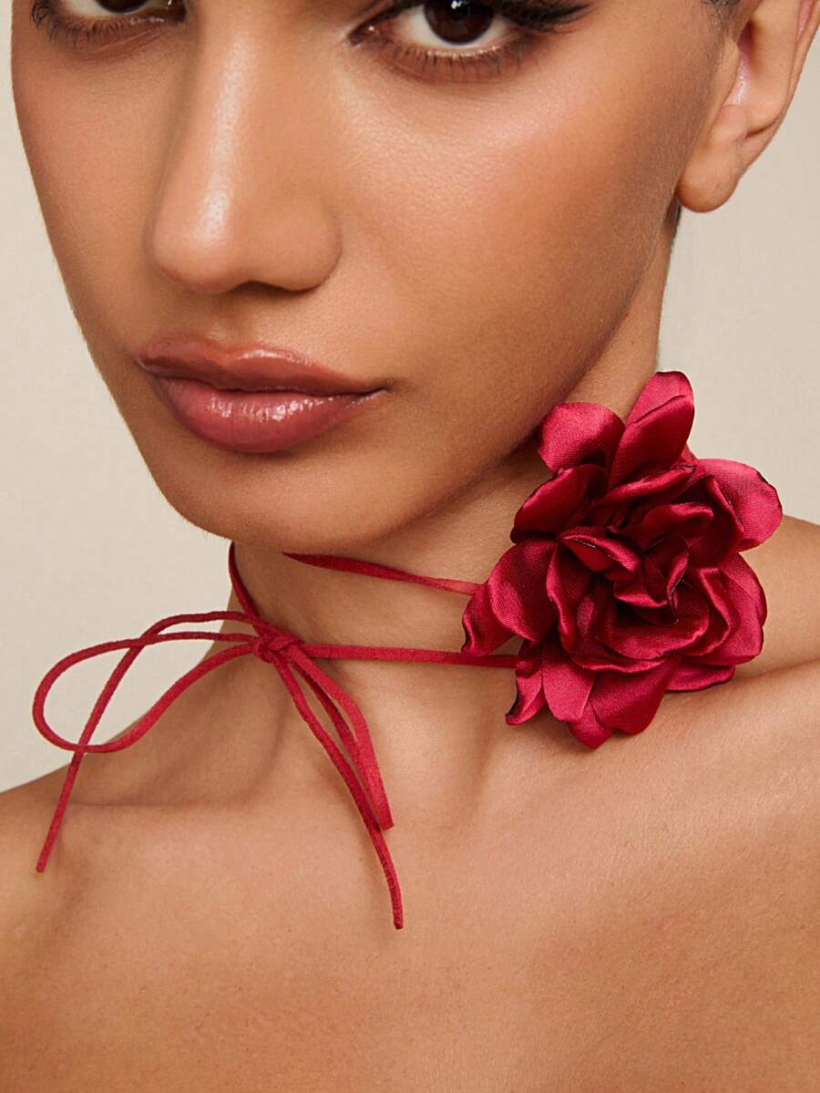 Altistry 1pc Elegant Floral Polyester Rope Necklace, Versatile For Daily Wear, Party, Date, Gift - 30672-nek-red - View 1