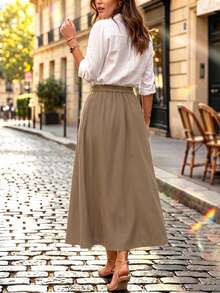 Perirose Women's Khaki Elegant Office High Waisted Button Front Pocket A Line Midi Skirt Flowy Elastic Back Long Skirt Fall Winter Casual - Khaki - View 2
