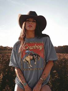 Vintage Cowboy Print Washed Cotton T-Shirt - Grey - View 6