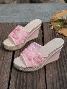 Women's Summer New Slip-On Wedge Platform Sandals, Thick Sole Mesh Floral Fabric, Lightweight Non-Slip High Heel Slouchy Slides - Pink - View 7