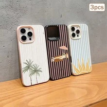 3件組條紋印花皮革紋理 TPU 防震全包覆手機保護殼，適用於 Apple 11/12/13/14/15/16/17 Pro Max - 古董白色+黑色+粉紅色 - 查看 79