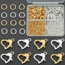 350pcs/Box DIY Jewelry Clasp Set With Heart Lobster Clasp, Jump Rings, Suitable For Handmade Weaving DIY Jewelry, Keychain, Phone Chain End Clasp, Connector, Necklace Bracelet Pendant End Clasp, Open Connector Ring, Earring Bead Connector, Multi-Functional Jewelry Making Materials - Heart Buckle & Jump Ring - View 1