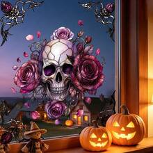 1pc Gothic-Style Halloween Window Sticker, Featuring Rose Skulls, Withered Trees, And Spider Webs Patterns. It Is Reusable And Suitable For Indoor Home Decoration, Store Windows, Autumn Horror-Themed Parties, And Window Decorations. - Multicolor - View 6