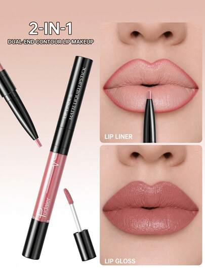 Pudaier 2-In-1 Lip Liner & Lip Gloss Silky Satin Finish Long-Lasting Lip Makeup Define & Fill Lips Long-Wear Transfer-Proof Lipstick Pen For Everyday Romantic Dates & Halloween Parties