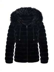 Elegant & Fashionable: Reversible Women's Down Jacket With Faux Fur And Comfortable Hood, Suitable For Autumn/Winter - Black - View 9