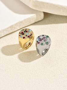 1pc European & American Dopamine Vintage Dual-Tone Solid Round Plate Mixed Color Zirconia Wide Band Ring, Women's Party Gift Daily Commute Accessory - Multicolor - View 3