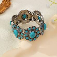 Bohemian Vintage Distressed Silver Turquoise Wide Bracelet, Multi-Layer Sunflower Inlaid Elastic Bangle - Turquoise - View 4