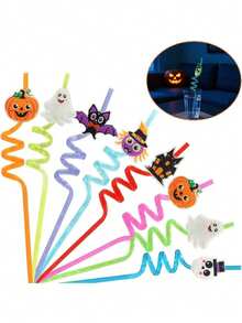 2pcs/Set Shiny Halloween Theme Straws, Made Of Durable And Reusable PET Material, Designed With Bat, Skull, Pumpkin And Witch Spider Patterns. Perfect For Birthday Parties And Spooky Halloween Party Gifts. - Multicolor - View 4