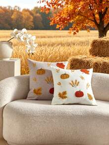 1pc Thanksgiving Maple Leaf Pumpkin Wheat 3D Embroidered Cushion Cover, Full Polyester Faux Linen Fabric, Universal Indoor/Outdoor Throw Pillow Cover, Suitable For Home Sofa Decorative Pillow Cover, Ideal Choice For Bedroom Bed, Chair, Car Matching, No Insert Included - Beige - View 5