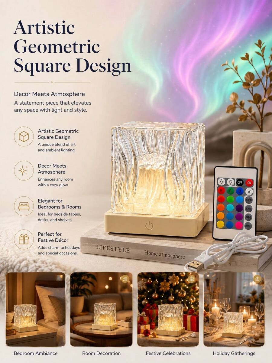 Modern Geometric Mood Lamp, Aurora Or Ripple Light With Touch Switch,16-Colors,Plug In USB.