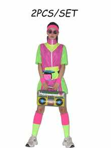 Women's 80s Retro Aerobics Costume, Color Block Zip Up Top & Shorts Set, 90s Workout Outfit For Halloween Cosplay Party Fall - Hot Pink - View 4