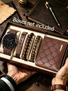 1/2/5pcs Men's Quartz Watch Set With PU Leather Strap And Brown Series Accessories, Casual Minimalist Style, Suitable For Daily Commute, Excellent Gift - Mouldless - View 9