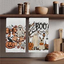 2 PIEZAS Toallas de Cocina con Estampado de Calabaza de Halloween, Lazo y Fantasma, 40*60cm Estilo de Dibujos Animados Rectangular de Microfibra, Toallas de Cocina, Paños de Plato, Manteles, Toallas de Mano, Decoración de Cocina, Decoración del Hogar de Halloween, Regalo de Inauguración de Casa para Vecinos, Perfecto para Uso en Cocina y Baño, Adecuado para Amas de Casa y Reuniones Familiares, Gran Valor, Esencial del Hogar - Blanco - Ver 6