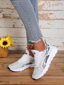 Women's Sports Shoes Fabric Front Lace-Up Striped Decor Mesh Breathable Soft Sole Athletic Shoes Suitable For Daily Commute And Casual Wear - White Black - View 5