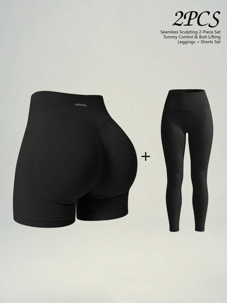 UONNOU 2Pcs High Waist Peach Butt Lifting Ribbed Seamless Workout Shorts & Leggings Active Set - Black - View 1