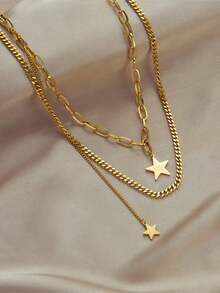 RAYQUEEN 1pc Fashion Minimalist Multi-Layer Vintage Stacked Metal Stainless Steel Five-Point Star Pendant Collarbone Necklace, Suitable For Daily Wear - Gold - View 4