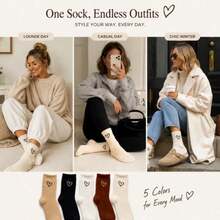 10/5/1 Pair Women's Fluffy Fuzzy Socks, Heart Embroidered Warm Comfortable Winter Casual Mid-Calf Socks - Multicolor - View 4