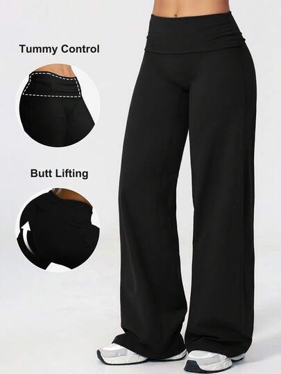 Foldable High-Waist Wide Leg Sports Pants, Loose Draped Casual Yoga Pants, Non-See-Through Black
