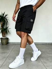 Men's Solid Color Elastic Waist Drawstring Pocket Cargo Shorts, Breathable And Comfortable - Black - View 9