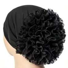 1 pieza Pañuelo grande musulmán, turbante, sombrero de color sólido con borde de encaje y cuentas - Negro - Ver 3