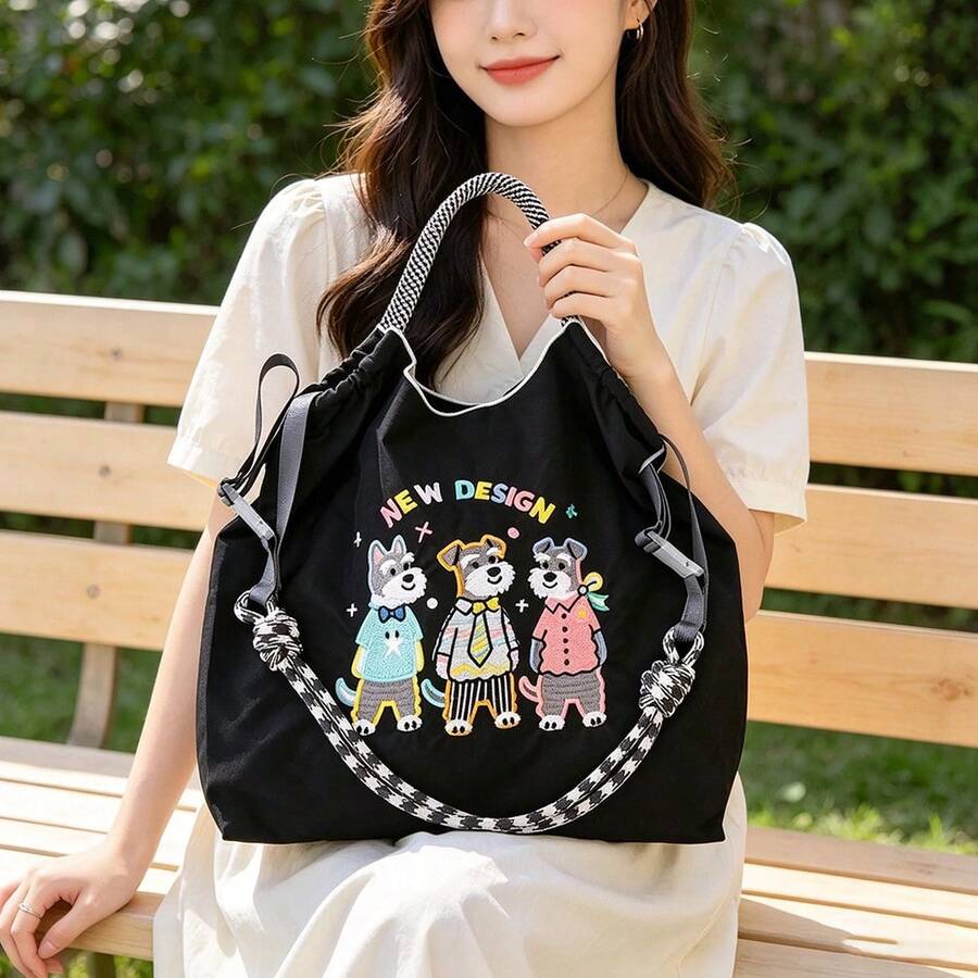 1pc Fashion Embroidered Colorful Schnauzer Pattern Storage Lightweight Nylon Large Capacity Shopping Bag Commute Party Crossbody Tote Bag - Multicolor - View 1