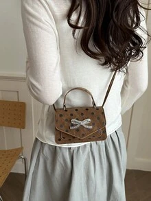 Bowknot Vintage Solid Color Polka Dot Versatile New Small Square Bag Women Elegant Personalized Mini Premium Crossbody Bag - Brown - View 6