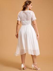 Plus Size Women Solid Color Mature Party Elegant Romantic Chiffon Lace Collar Bridal Gift Party Dress Wedding White Fall - White - View 4