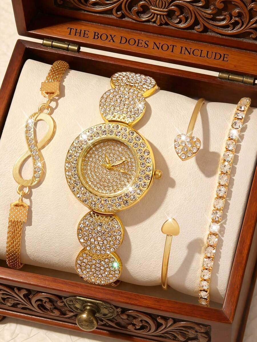 4件組女款奢華全水鑽金色手錶珠寶套組,金色飾品套組、金色飾品、手鍊、珠寶、夏季飾品,適合派對、晚宴、婚禮慶典、約會、聚會、夏季出遊、返校等場合,可作為畢業禮物送給女性的貼心禮物,展現優雅與奢華,送給女性的最佳禮物 - 金色 - 查看 1