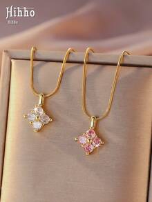 Hihho 1pc Luxury Clover Zirconia Pendant Necklace, Snake Chain, Versatile Daily Commute Elegant Neck Accessory Gift - Four Leaf Clover - View 4