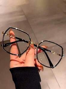 1pc Square Large Frame Flat Lens Glasses Metal Legs - Black Gold - View 8