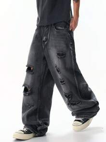 Justice Brother 1pc American Street Style Personalized Men's Distressed Denim Jeans Fashion All Season Wide Leg Long Pants (Belt Not Included/Accessories Not Included) - Grey - View 7