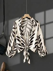 Plus Size Women's Casual Leaf Print Tie-Front Shirt, Limited Stock - Multicolor - View 1