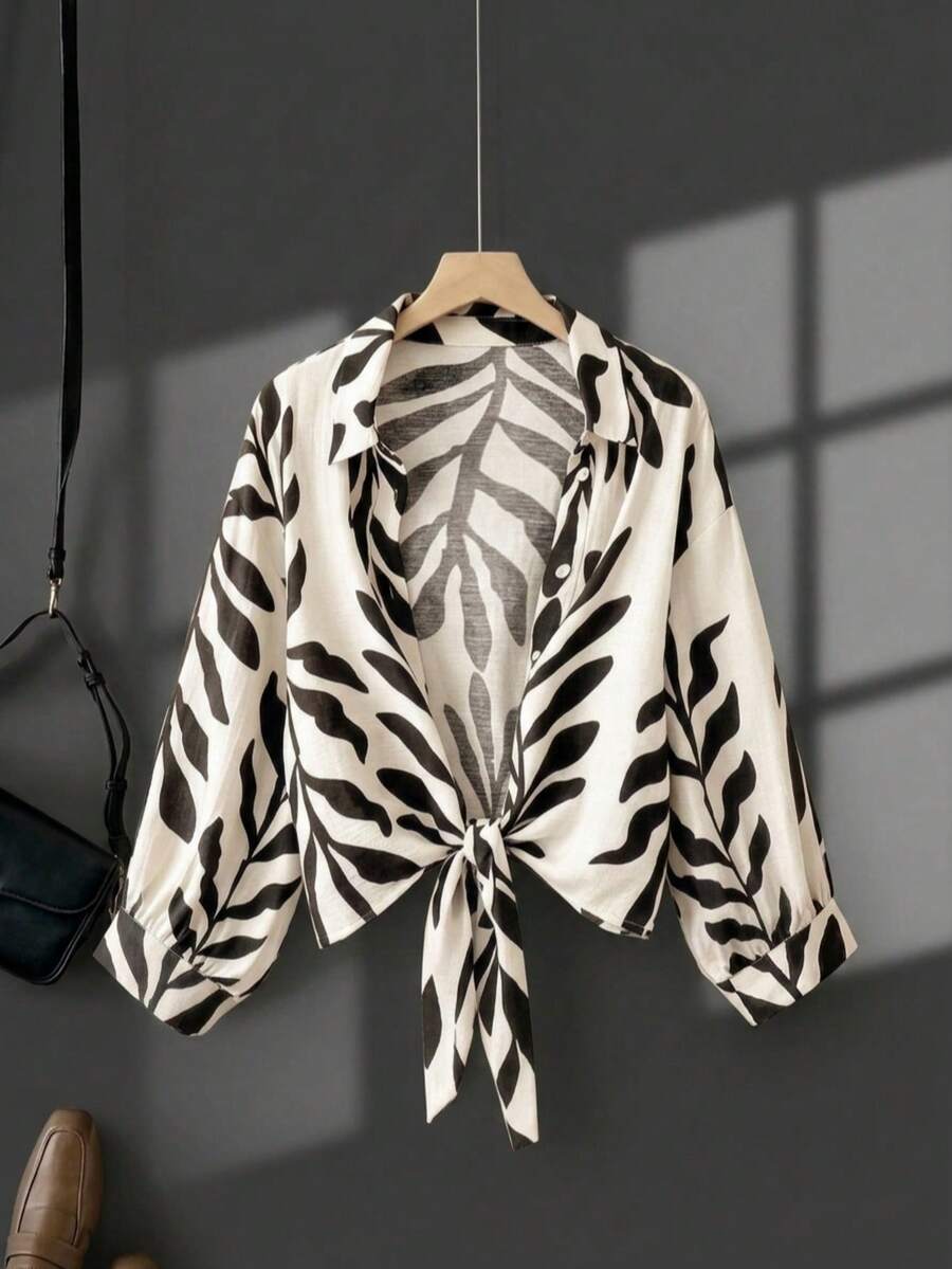Plus Size Women's Casual Leaf Print Tie-Front Shirt, Limited Stock - Multicolor - View 1