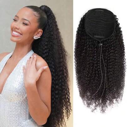 BINF Ekstensi Rambut Manusia Model Ekor Kuda Keriting Ikal dengan Tali Serut, Mudah Dipakai untuk Wanita, Panjang 8-24 Inci, Warna Hitam Alami