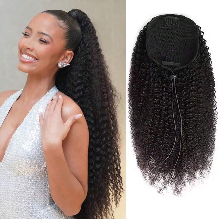BINF Kinky Curly Wrap Around Drawstring Ponytail Human Hair Extensions Curly Ponytail Easy To Wear For Women 8-24 Inch Natural Black - Natural Black - View 1