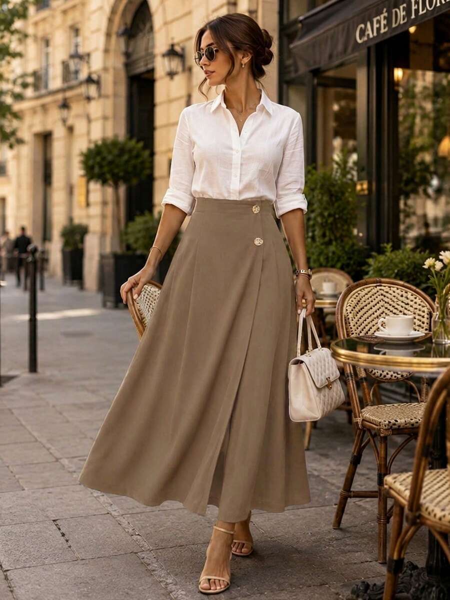 Perirose Women's Khaki Elegant Office High Waisted Button Front Pocket A Line Midi Skirt Flowy Elastic Back Long Skirt Fall Winter Casual - Khaki - View 1