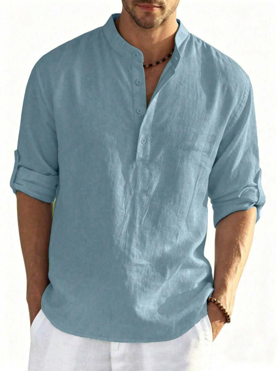 GLESTORE Men's Retro Vintage Coin Style Solid Color Roll-Up Sleeve Mandarin Collar Half-Button Shirt - Lightweight Breathable Henley Shirt, Classic Washed Cotton, Versatile Casual Style For All Seasons - Baby Blue - View 1