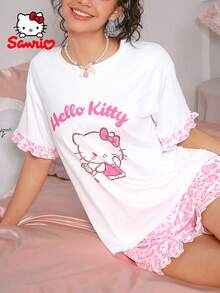 Sanrio 2件組女款 Hello Kitty 睡衣，字母數位印花，荷葉邊，可愛，粉色圓領，短袖短褲睡衣家居服套裝 - 彩色 - 查看 1
