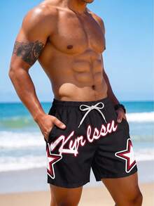 Men's Printed Beach Shorts, Summer Drawstring Elastic Waist Casual Shorts With Pockets, Lightweight And Comfortable Sports - Black and White - View 5