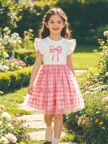 Girls' Casual Checkered Bow Print Flared Hem Mesh Decor Sleeveless Knee-Length Dress, Spring/Summer - Pink - View 1