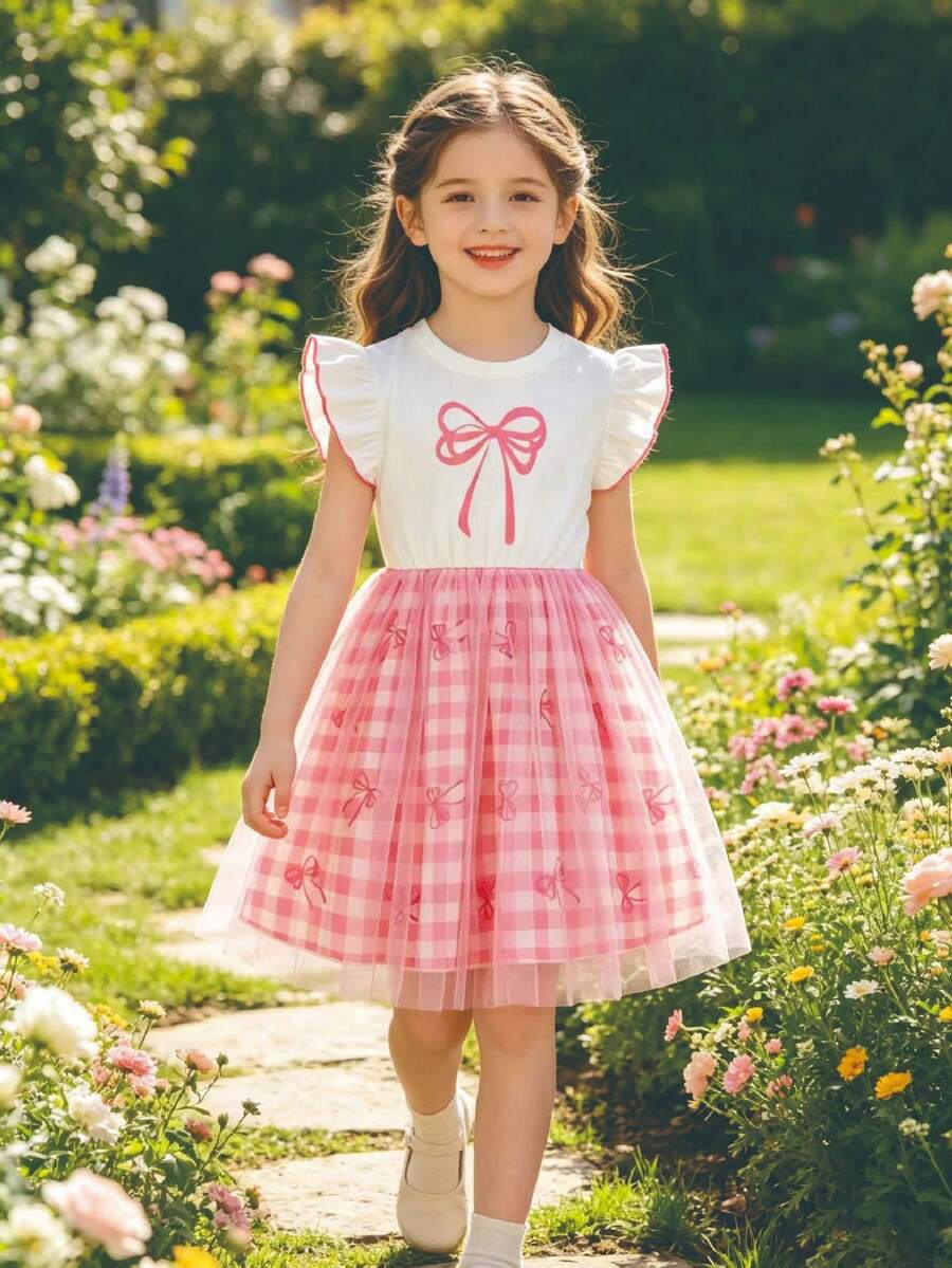 Girls' Casual Checkered Bow Print Flared Hem Mesh Decor Sleeveless Knee-Length Dress, Spring/Summer - Pink - View 1