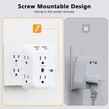 10 In 1 Surge Protector Outlet Extender, JeBlaon Wall Plug With 6 Wide Spaced AC Outlets, 2 USB-C 2 USB-A, Adjustable Night Light, 1050J Mountable Multi Outlet Splitter - White - View 8