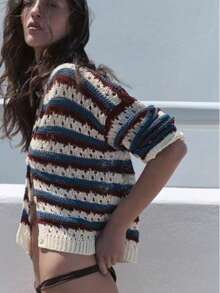 Women's Striped Short Cover Up Loose Long Sleeve Summer Cover-Up - Multicolor - View 1