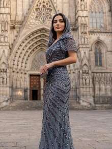 Elegant Women's Knitted Long Formal Dress, Asymmetrical Neckline, Embroidered Flared Skirt, Suitable For Evening Occasions - Gray Blue - View 4