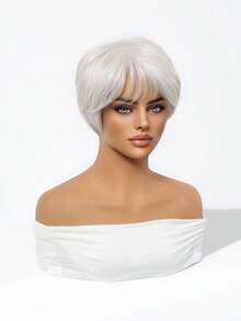 8 Inch Natural Black Pixie Short Bob Wig With Bangs, Heat-Resistant Synthetic Fiber, Breathable Adjustable Mesh Cap, Suitable For Daily Wear, Office, Date, Halloween Party - White - View 5