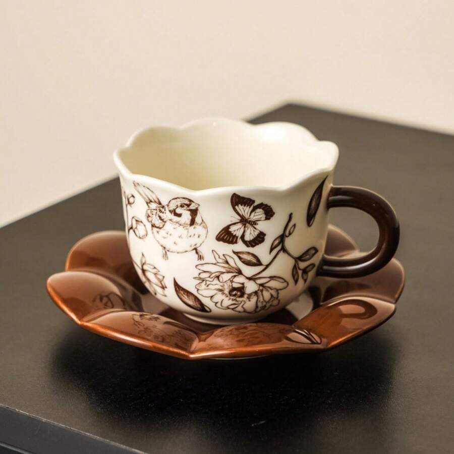Vintage Floral & Bird Ceramic Teacup And Saucer Set, Luxury Retro Coffee Cup, Aesthetic Afternoon Tea Milk Mug, Elegant Home Cafe Decor, Gift For Her