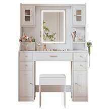 105 * 152 * 40 Cm Dressing Table/Vanity In A Modern, Minimalist Style / High-Quality Vanity Made Of Chipboard / With Adjustable LED Lighting And Power Outlet / Equipped With 6 Drawers And 4 Doors / Suitable For The Bedroom / White - 白色 - 查看 4