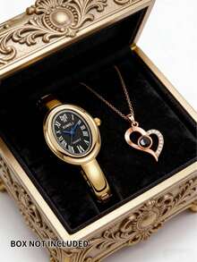 2pcs/Set Women's Bracelet Watch, Fashion Oval Roman Numeral Quartz Wristwatch Set - Gold - View 6
